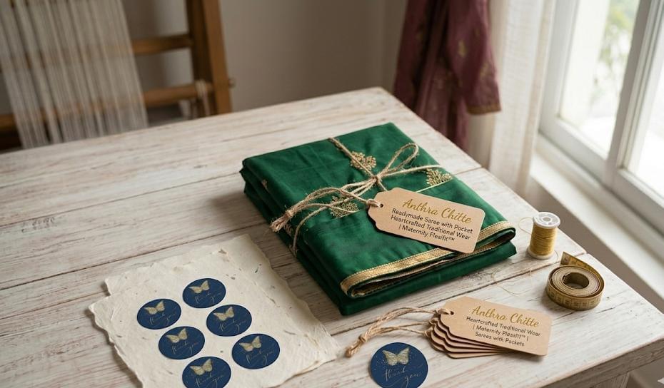 Handcrafted saree packaging with butter paper, navy blue butterfly sticker, tags, thread and measuring tape